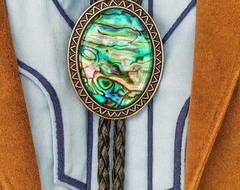 Abalone Shell Bolo Tie : Leather Cord Cowboy Necklace