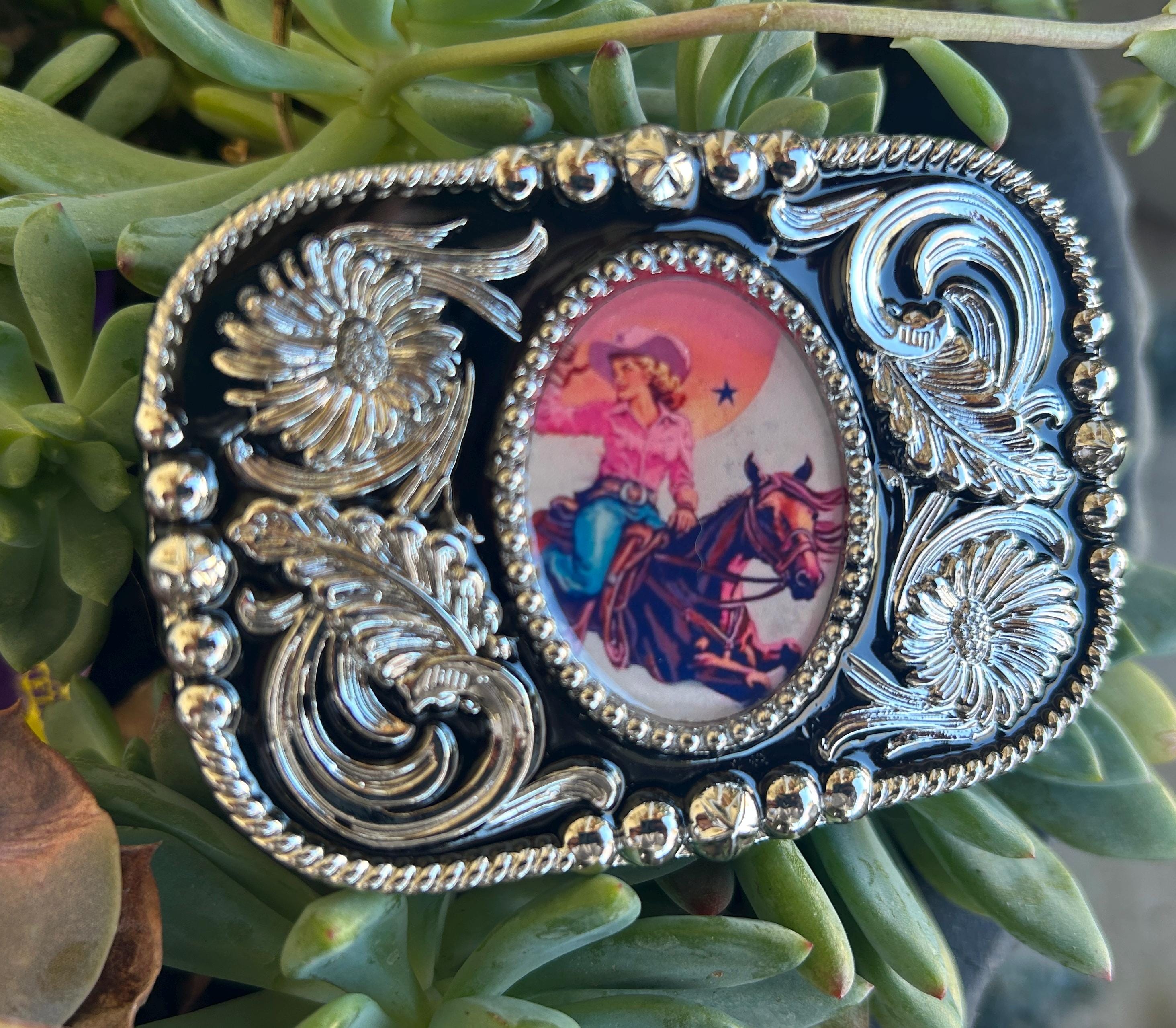 Vintage Style Cowgirl Belt Buckle: Pink Western Rodeo Trophy 