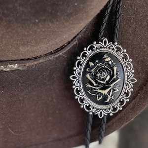 Handmade black rose bolo tie - western style gifts for her cabochon leather cowboy necktie accessories womens victorian tattoo flower gothic