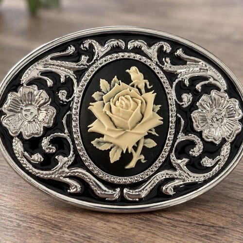 Rose Cameo Belt Buckle: Silver Floral Western Cowgirl Style