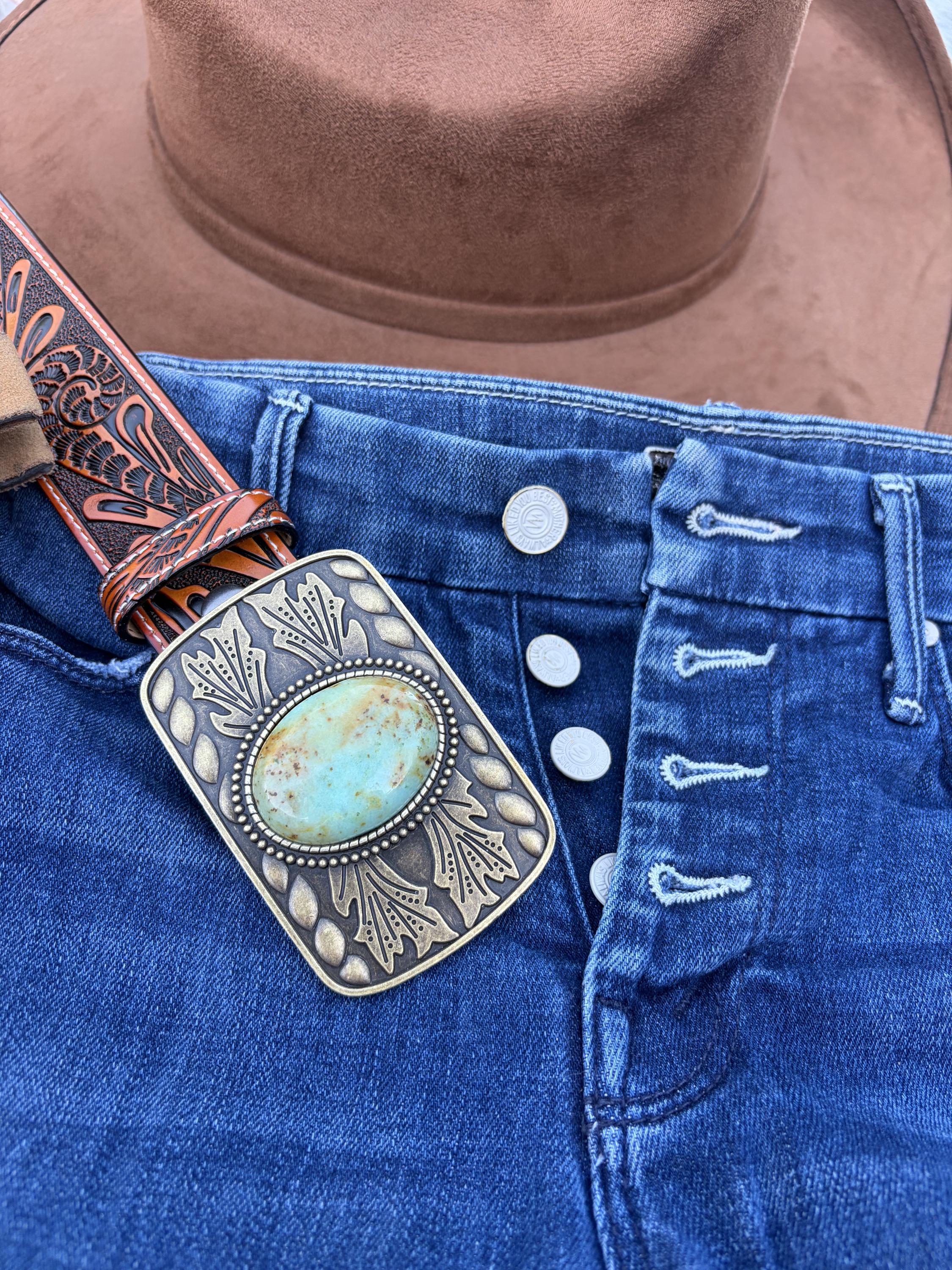 Tooled Brown Leather Belt : Turquoise Stone Western Buckle  display picture 2