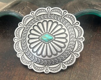 Turquoise Concho Style Belt Buckle - Small Western Design - Cabochon - Women's  - Round - Silver Engraved Mans Ladies Flower Accessories