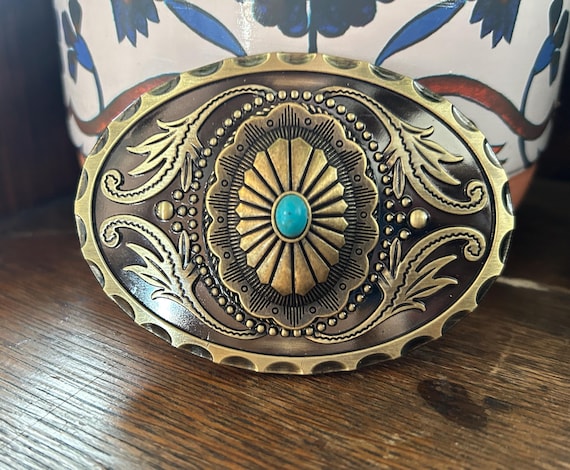 Turquoise Western Belt Buckle: Antique Brass Engraved Oval  display picture 2