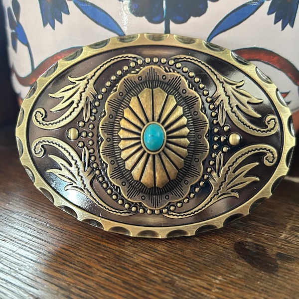 Turquoise Western Belt Buckle: Antique Brass Engraved Oval Cabochon
