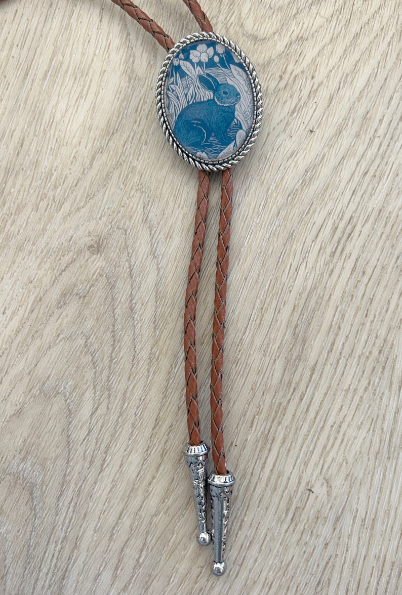 Rabbit Bolo Tie Western Gifts for Him Leather Cowboy Necktie Accessories Mens Necklace Animal Lariat Bunny Whimsical Blue Bola Silver Ends image 1