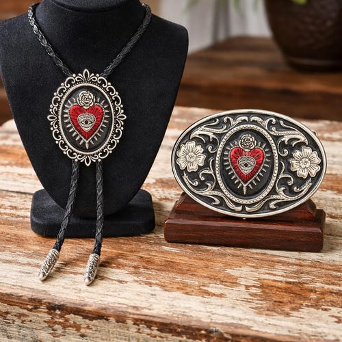 Conjunto de corbata bolo y hebilla de cinturón del Sagrado Corazón: Arte del tatuaje occidental