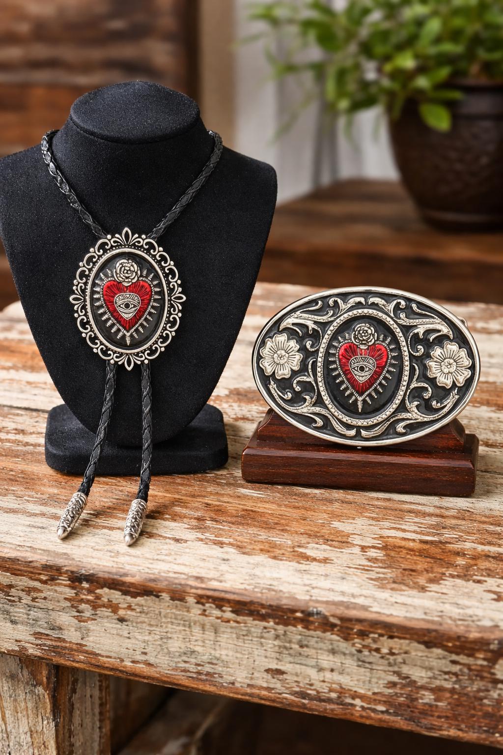 Vintage Red 90\'s Western Woven Genuine Leather Heart Medallion Big Buckle Belt Vintage Tony Lama Leather Belt with Heart Buckle – Rust & Pearls main image 4