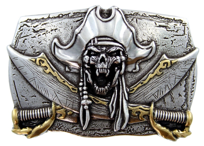 Ship Captain Jack Idea Mustache Eye Patch Large Vintage Pirate Belt Buckle Outlaw Silver Sword