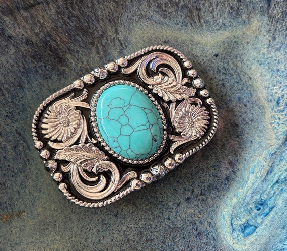 Silver Floral Western Belt Buckle With Teal Stone - Etsy display picture 3