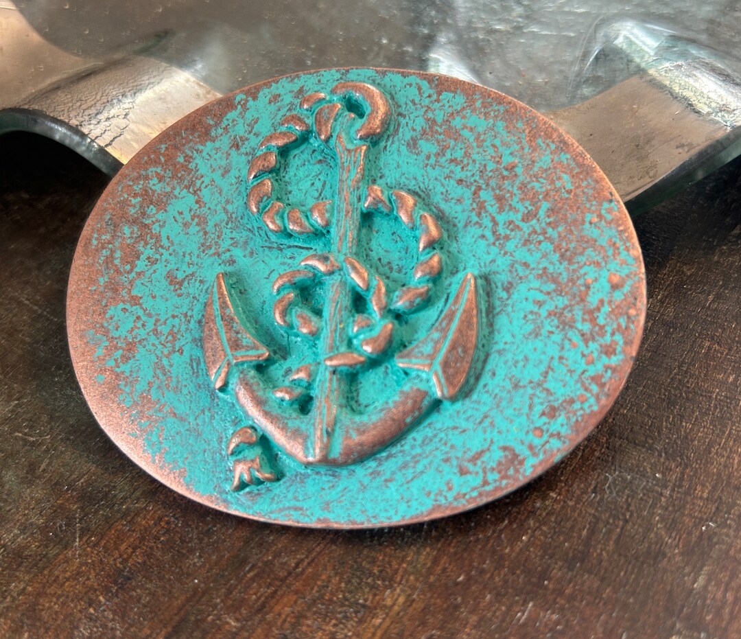 Antique Turquoise Brass Anchor Belt Buckle Patina Oval Engraved Western