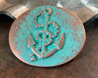 Antique Turquoise Brass Anchor Belt Buckle - Patina - Oval Engraved Western Style Ladies Show Cowgirl Nautical Ship Sailor USN Coast guard