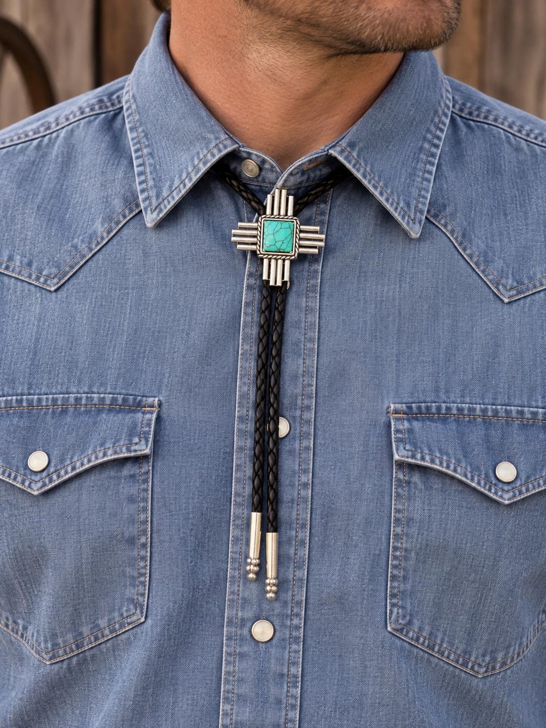 Turquoise Zia Bolo Tie : Southwestern Cowboy Leather Necklace