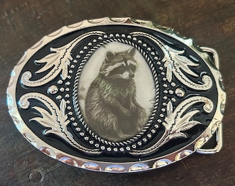 Raccoon Belt Buckle - Western Style Beautiful Silver Buckle Gifts for Him Leather Hunting Hunter Vintage Style Wedding Mens Hat Rodeo Tail