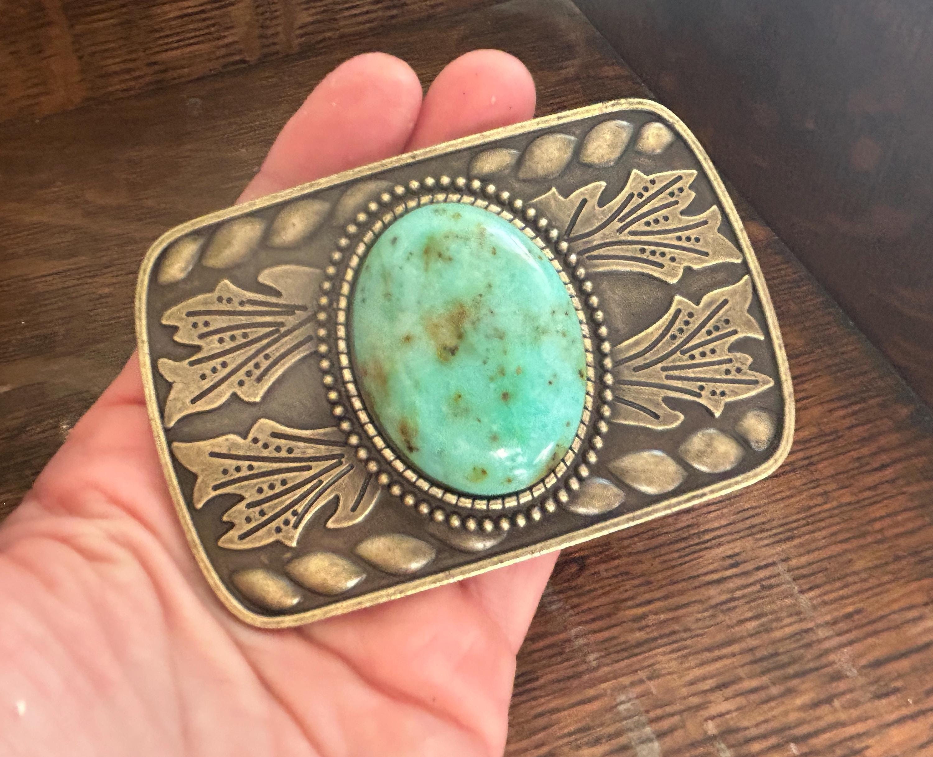 Vintage Western Belt Buckle Turquoise & Gold Tone Stamped Metal USA Antique Gold Turquoise Belt Buckle main image 2
