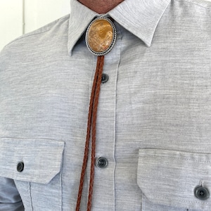 Southwestern Sandstone Bolo Tie - Gifts for Him Cabochon Indian Leather Cowboy Necktie Accessories Mens Necklace - Bola Leather Cord Woven