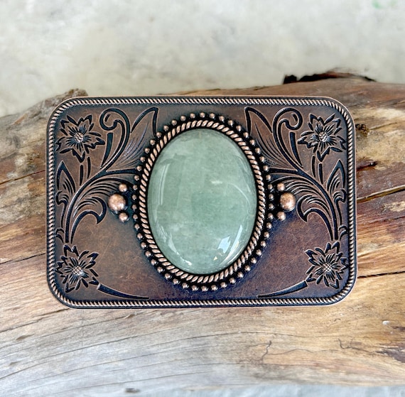 Green Gemstone Western Belt Buckle: Copper Floral Engraved  display picture 3