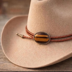 Fascia per cappello con pietra occhio di tigre / Cordino in cuoio intrecciato, punte dorate, stile western boho