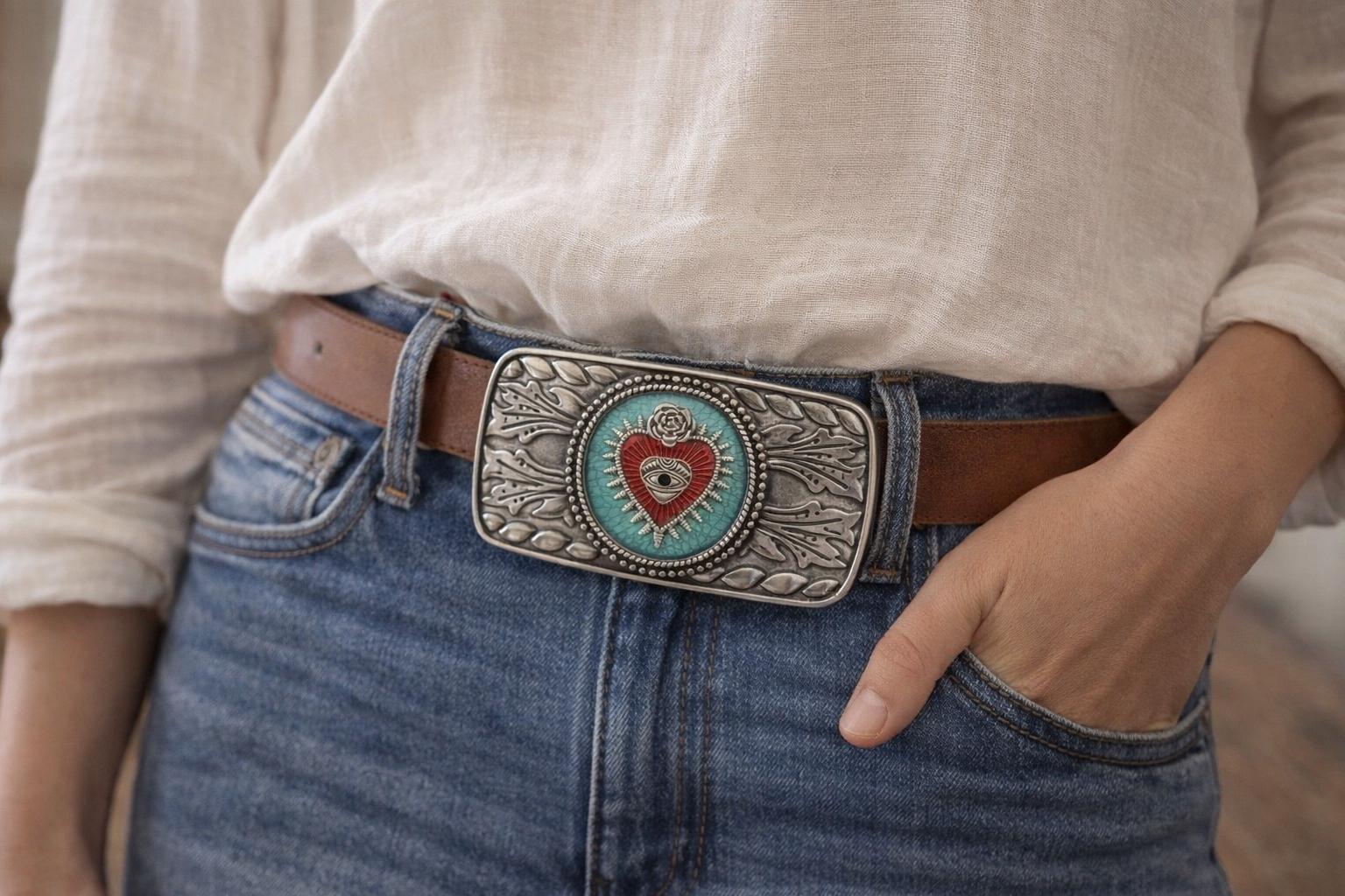 Handcrafted Sacred Heart Belt Buckle Turquoise Mixed Metal Made in Mexico READ Silver Navajo/Mexico Turquoise Belt Buckle, Signed  main image 3