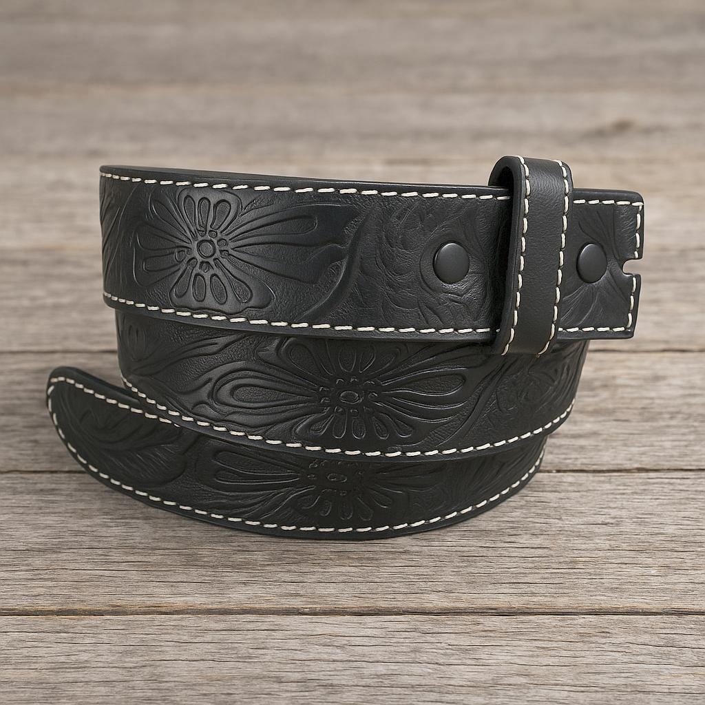 Black Tooled Leather Belt Strap: Full Grain Western Style