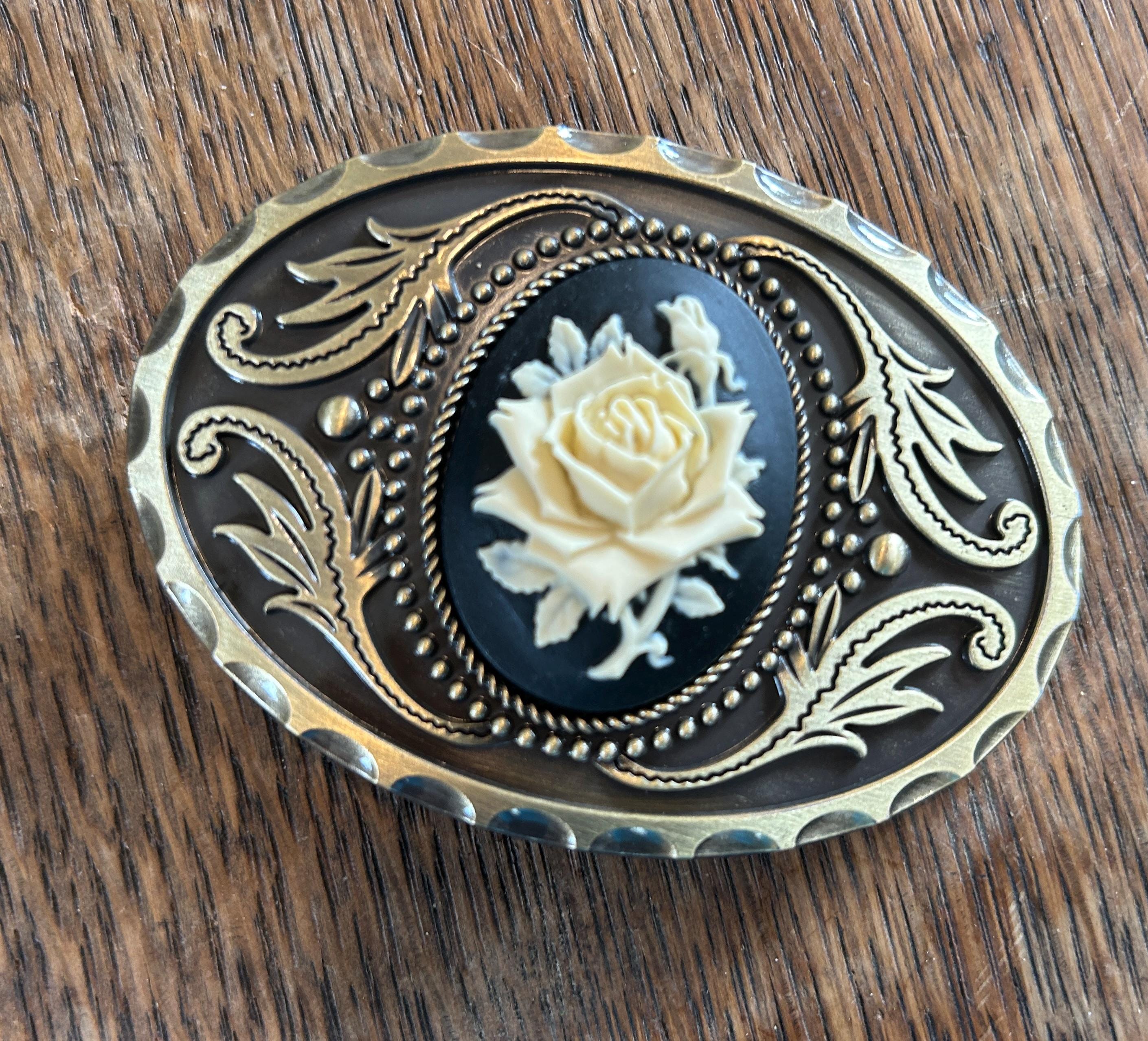 Black Rose Cameo Belt Buckle: Western Cowgirl Floral Buckle 