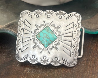 Turquoise Concho Style Belt Buckle - Small Western Design - Cabochon - Women's  - Round - Silver Engraved Mans Ladies Flower Accessories
