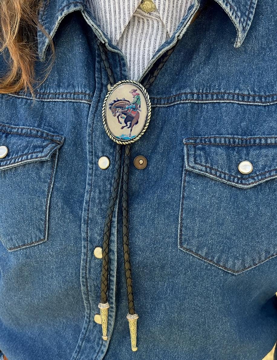 Vintage Cowboy Bolo Tie: Handmade Leather Bronco Rodeo Necklace