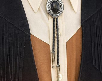 Southwestern Black Stone Bolo Tie - Gifts for Him Western Cowboy Necktie Accessories Mens Necklace Leather Cord Woven Outfit Rodeo Man Bola
