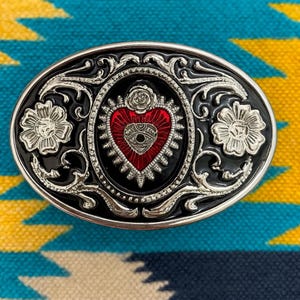 Sacred Heart Rose Gürtelschnalle - Krone Mexikanische Kunst Westliche Art Geschenke für ihr Lederzubehör Tattoo Corazon Fuego Lateinisch Anatomisch Rot