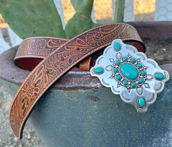 Tooled Leather Belt Strap: Turquoise Stone Buckle, Western  display picture 2