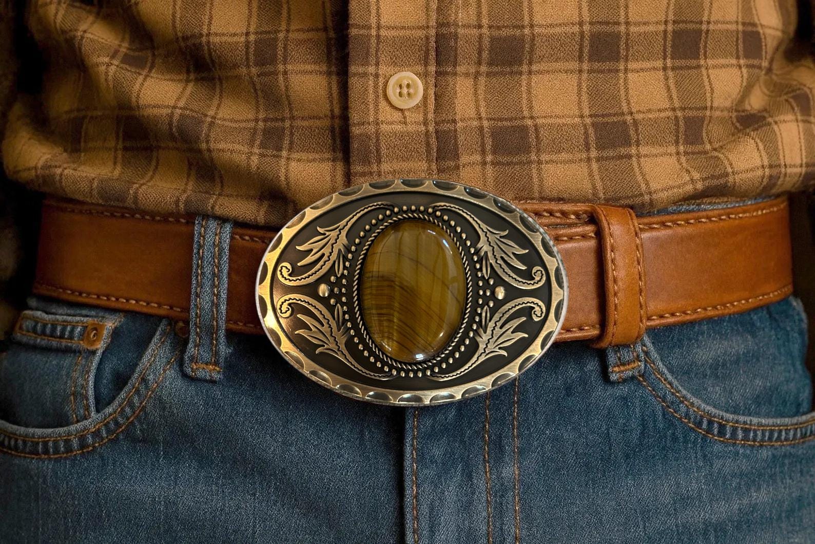 Tigers Eye Belt Buckle : Antique Gold or Silver Western  display picture 3