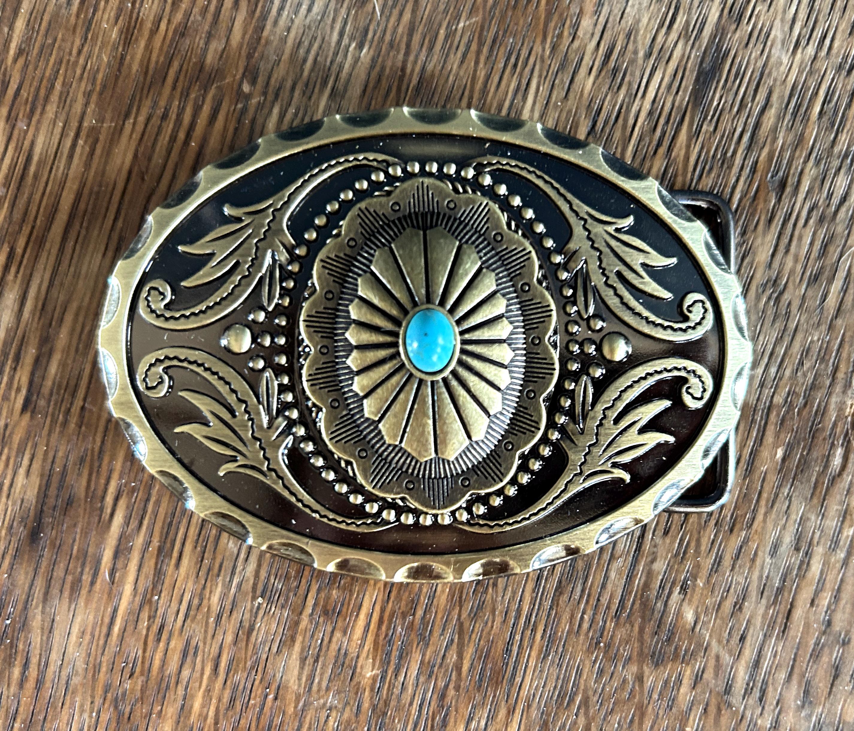 Vintage Bohemian Southwest 90\'s Western Brass & Turquoise Cabochon Y2K Buckle Turquoise Western Belt Buckle: Antique Brass Engraved Oval  main image 4