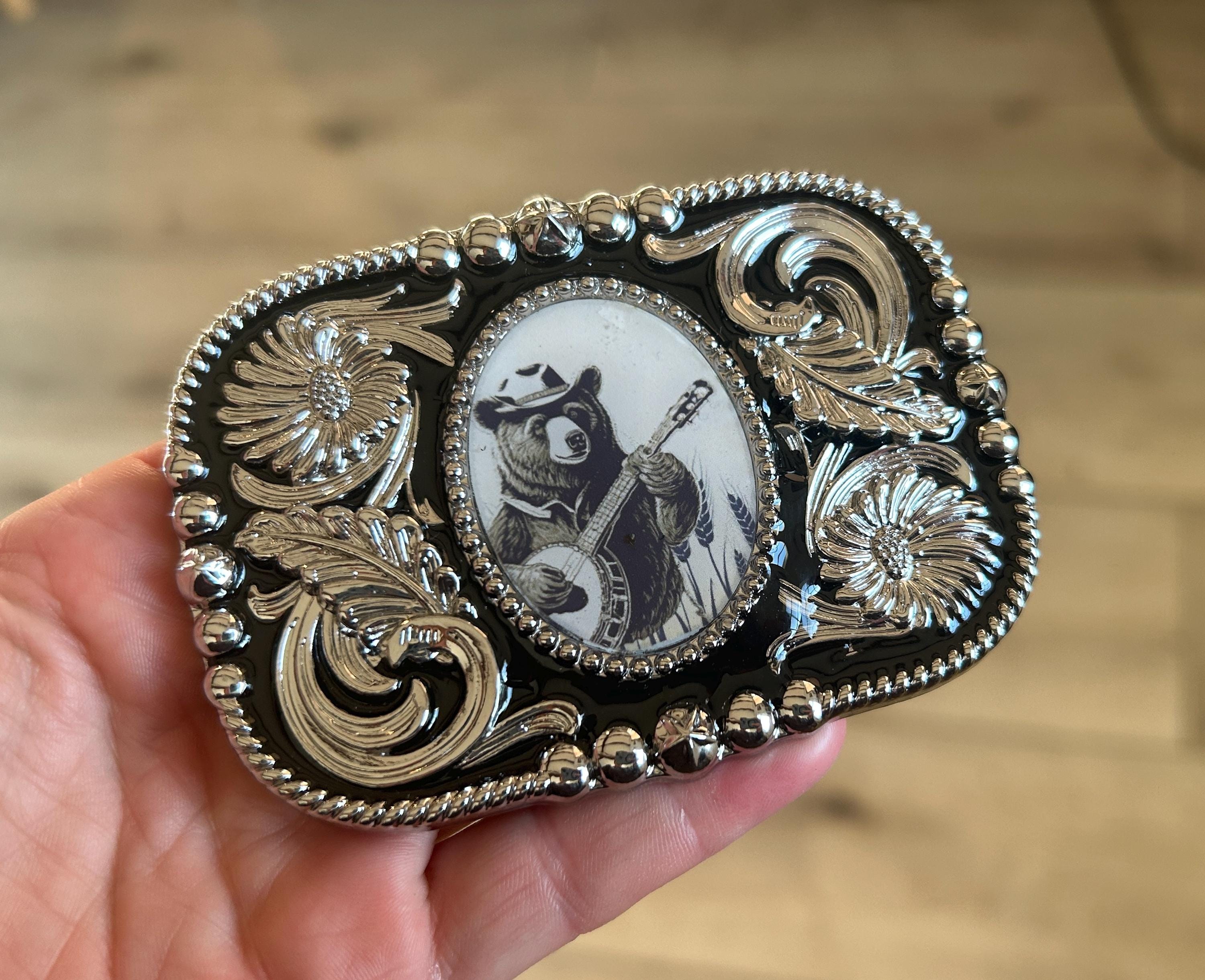Vintage Norwegian Bear Buckle Vintage Style Bear Belt Buckle: Banjo Player, Fits 1.5  main image 3