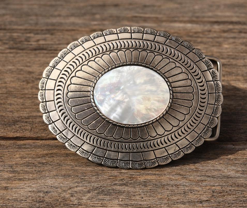 Genuine Mother of Pearl Shell Belt Buckle: Silver Engraved  display picture 2