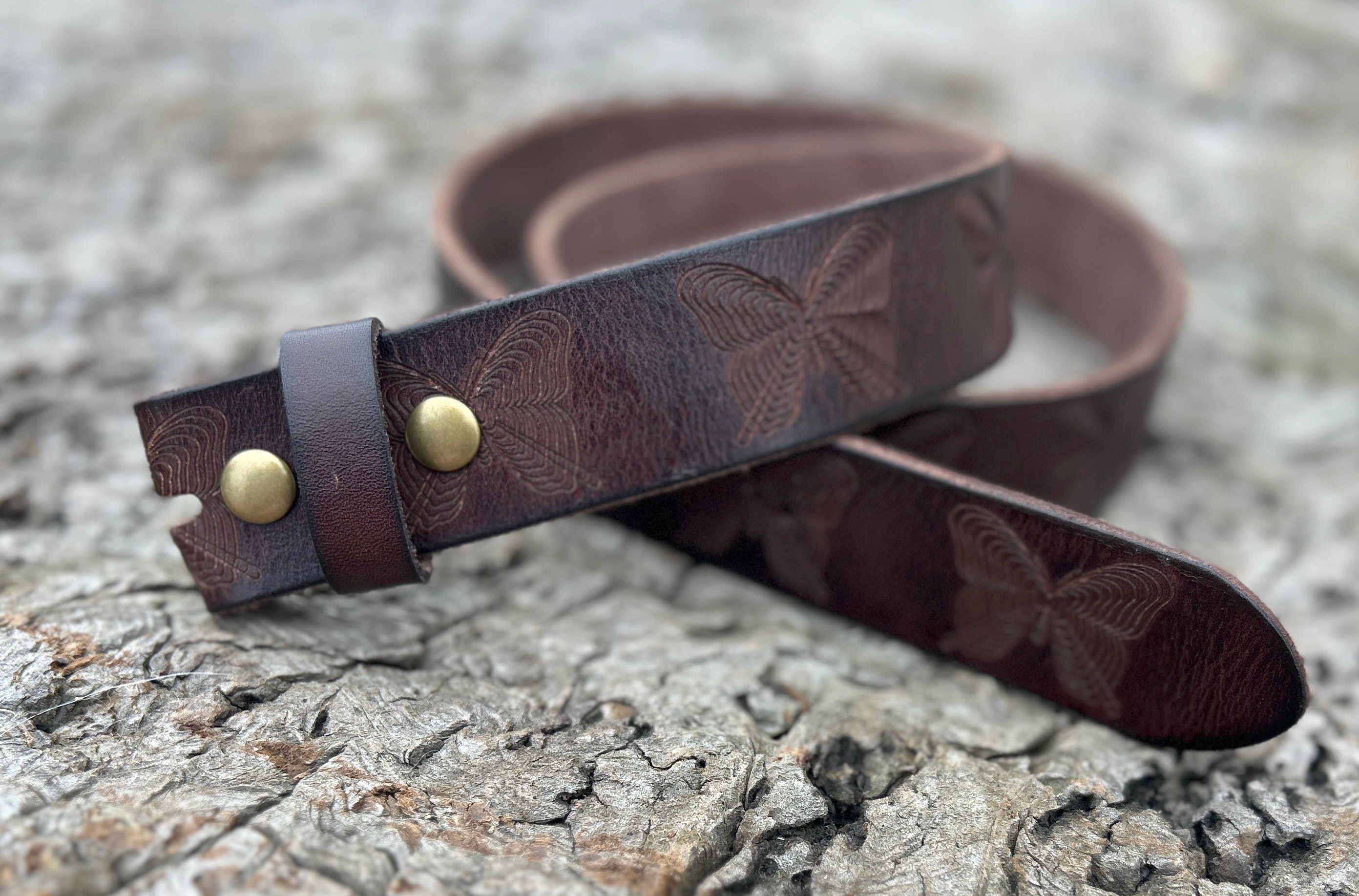 Tooled Butterfly Leather Snap Belt Strap 100% Full Grain -  Norway