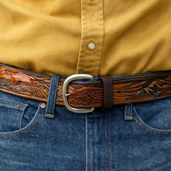Tooled Eagle Leather Belt Strap: Full Grain Western Style - Etsy display picture 3
