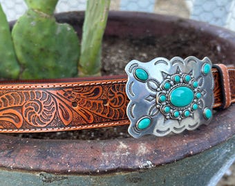 Tooled Leather Belt Strap: Turquoise Stone Buckle, Western  display picture 3