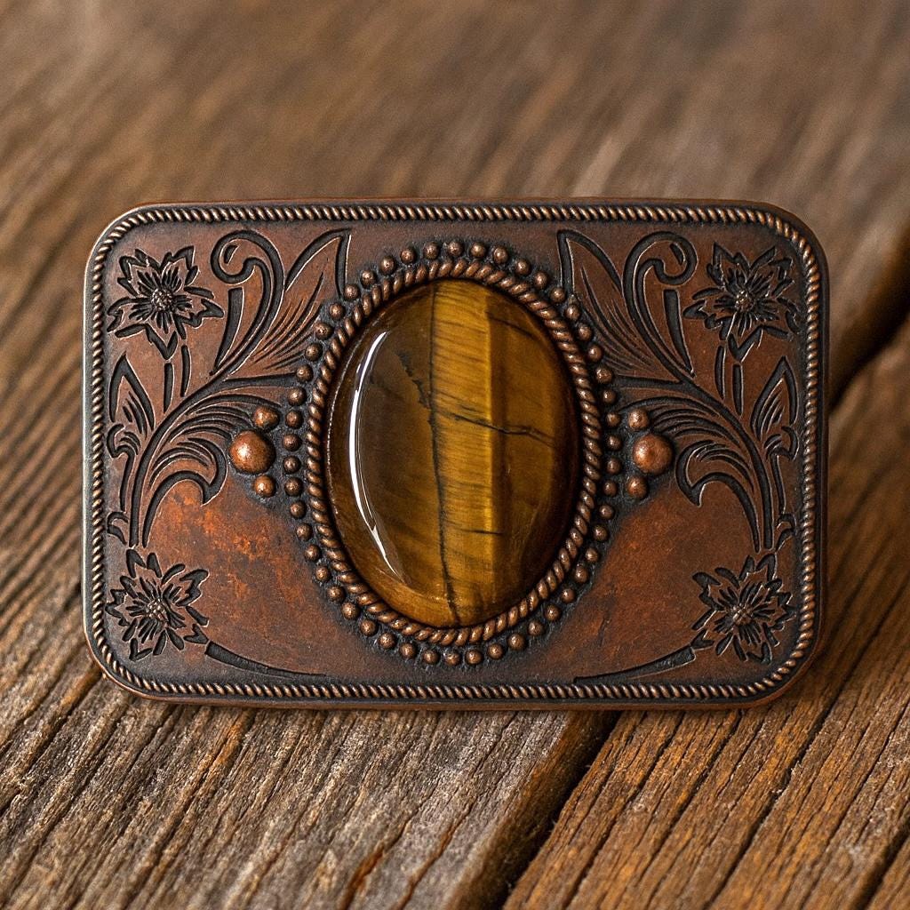 Tiger Eye Gemstone Silver Western Belt Buckle Oval Brown Tan Western Belt Buckle Tiger Eye Stone Filigree – Buckle My Belt main image 4