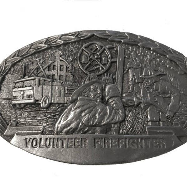 Vintage Volunteer Firefighter Belt Buckle - Fireman - Truck - Helmet - Hose - Fire - Job