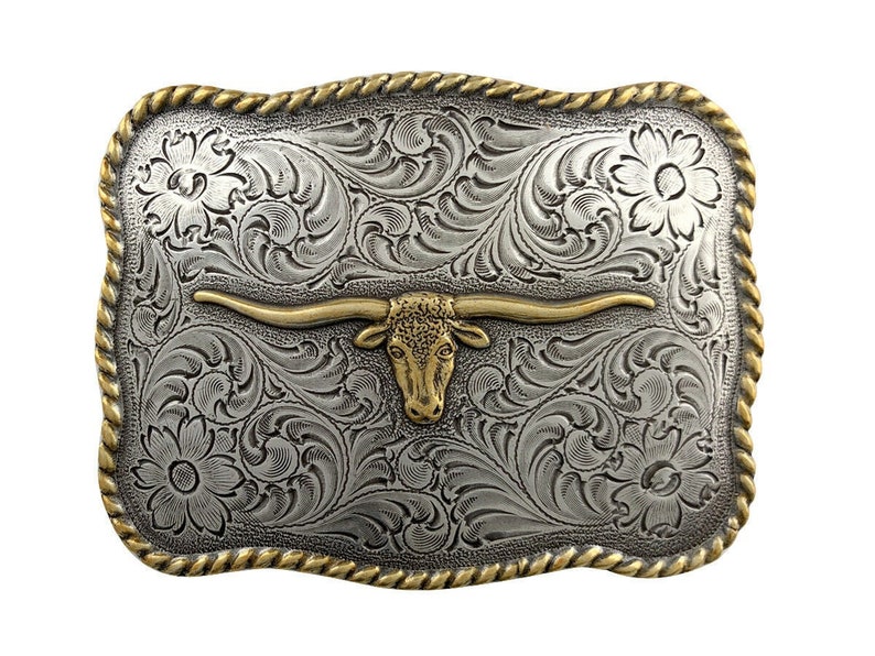 Longhorn Steer Skull Belt Buckle - Cow Steer Bull - Cowboy Trophy - Engraved - Horn - Desert Southwestern - Men's - Head -