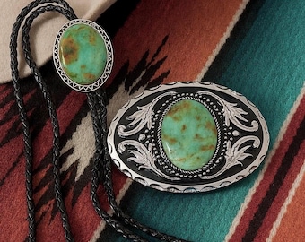 Teal Stone Bolo Tie & Buckle Set : Western Leather Cowboy Necklace