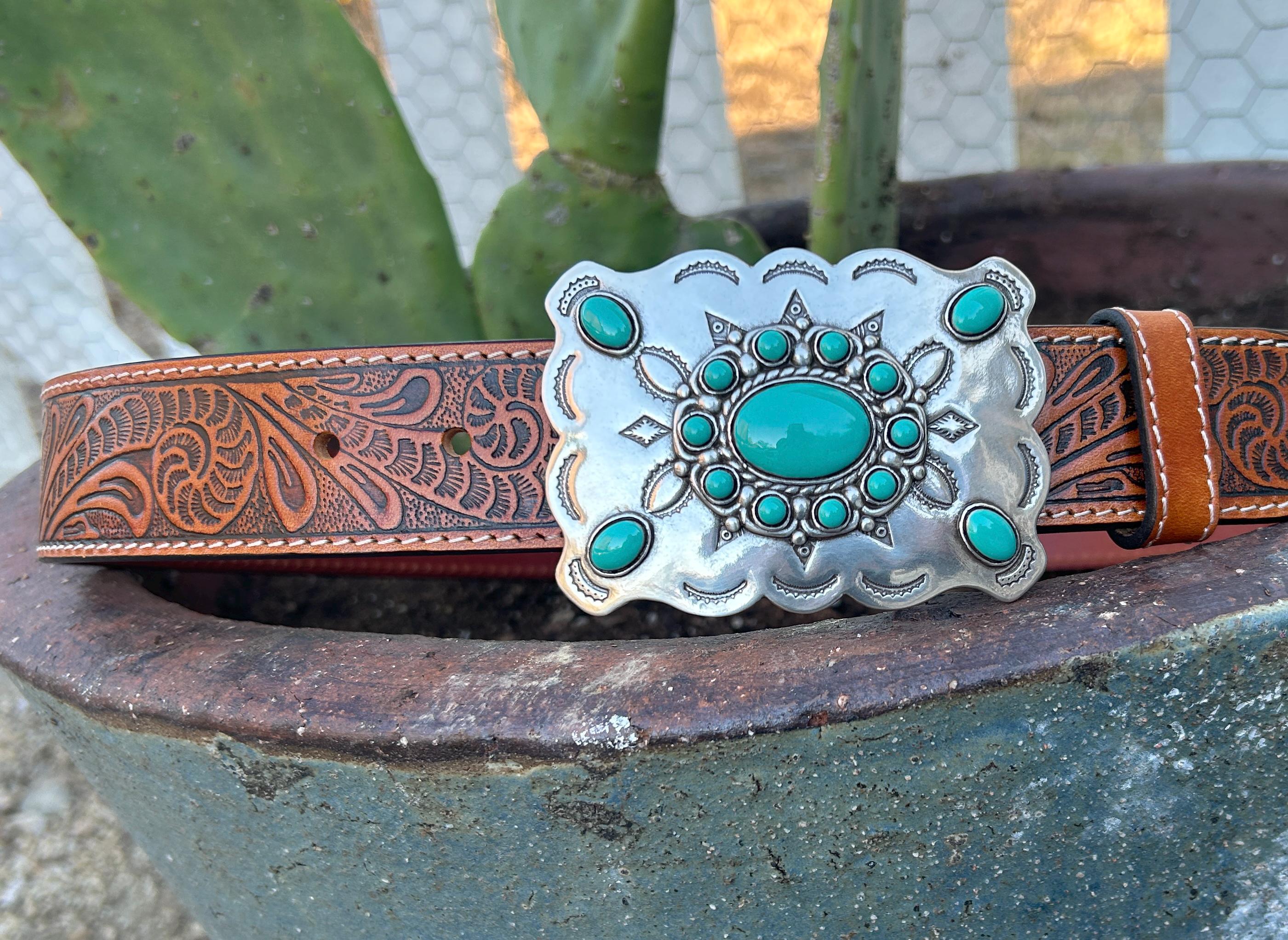 Leather belt with jasper/turquoise silver buckle Distressed Turquoise Leather Belt with Silver Buckle  main image 3