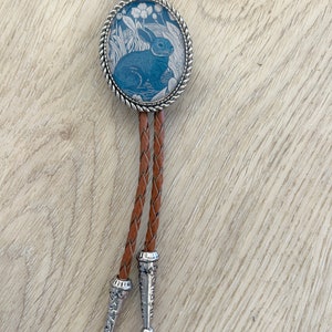 Rabbit Bolo Tie Western Gifts for Him Leather Cowboy Necktie Accessories Mens Necklace Animal Lariat Bunny Whimsical Blue Bola Silver Ends image 3