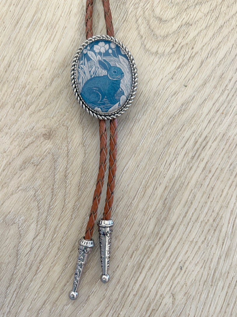 Rabbit Bolo Tie Western Gifts for Him Leather Cowboy Necktie Accessories Mens Necklace Animal Lariat Bunny Whimsical Blue Bola Silver Ends image 3