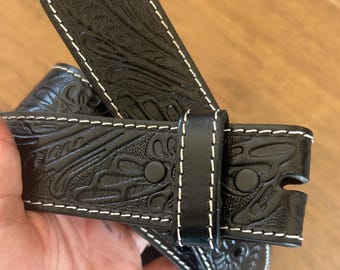 ブラックツールドレザーベルトストラップ：フルグレインウエスタン
