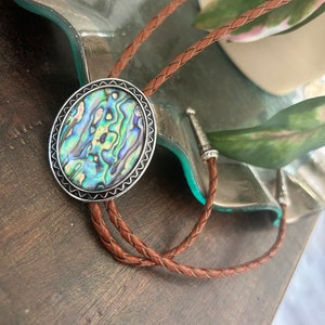 Abalone Shell Bolo Tie - Gifts for Her Cabochon Indian Leather Cowboy Necktie Accessories Mens Necklace - Turquoise Leather Cord Woven Bola