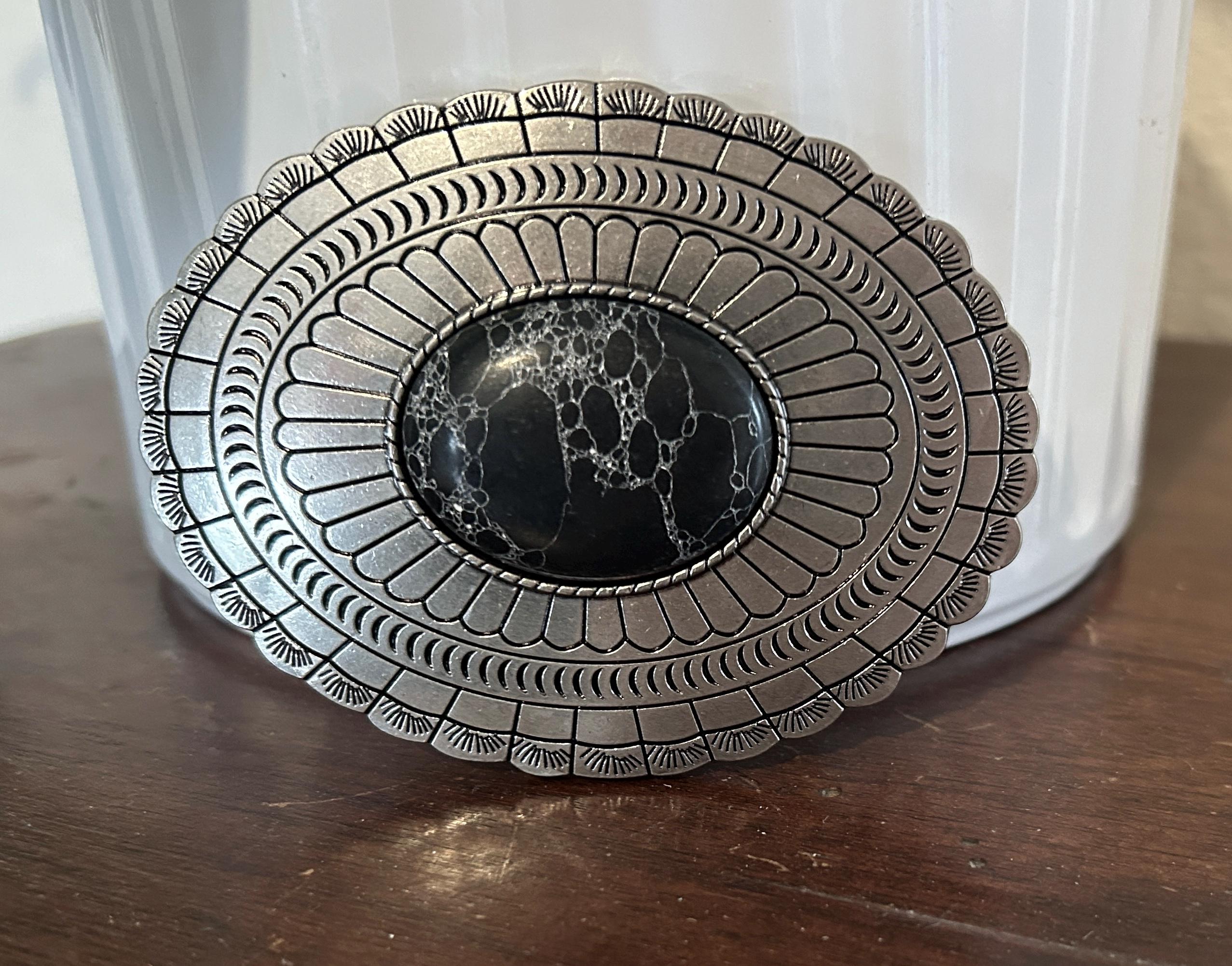 Vintage Silver Tone Black Belt Buckle Marble Stone Design Western Engraved Vintage Western Custom Buckle Maker GC Silver On Brass DM  main image 3