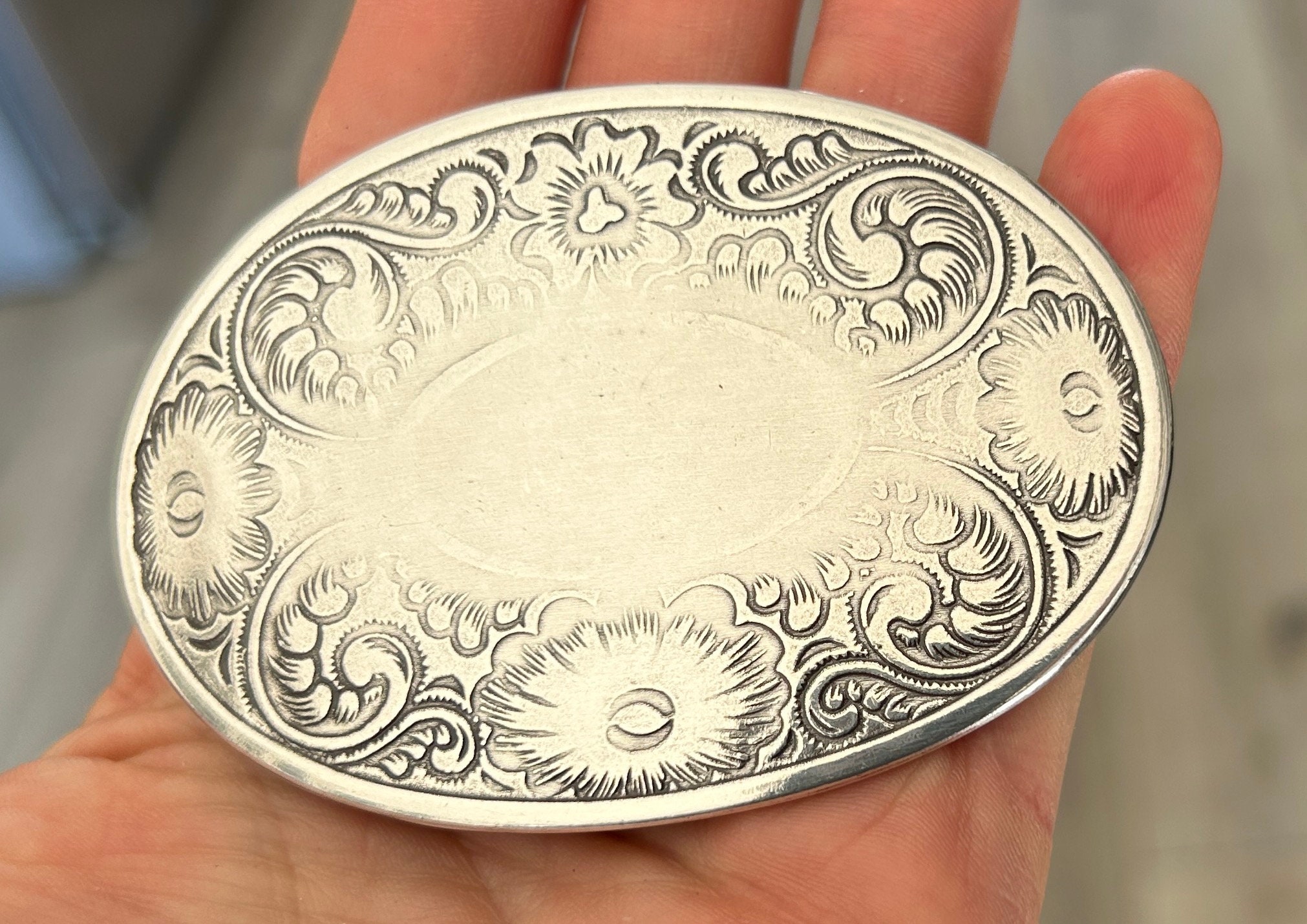 Engraved Silver Belt Buckle: Western Floral, Unisex Rodeo 