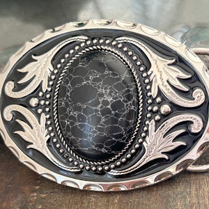 Black Stone Belt Buckle - White Vein Agate Western Design Cabochon - Oval Round Silver Engraved - Mens Woman Wedding Accessories Ladies New