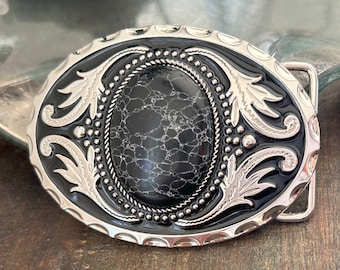 Black Stone Belt Buckle - White Vein Agate Western Design Cabochon - Oval Round Silver Engraved - Mens Woman Wedding Accessories Ladies New