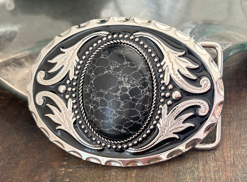 Black Stone Belt Buckle White Vein Agate Western Design Cabochon Oval Round Silver Engraved Mens Woman Wedding Accessories Ladies New image 1